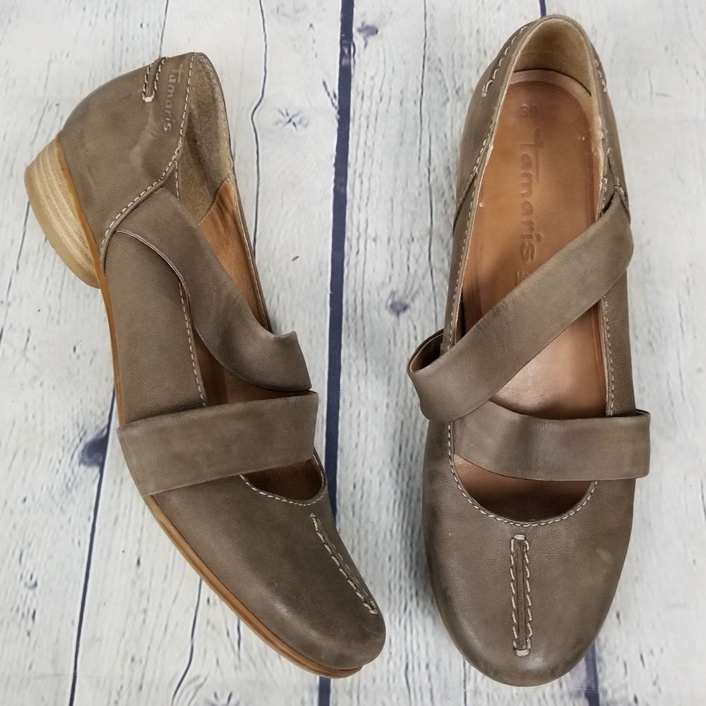 TAMARIS | leather MaryJane stacked heel shoes